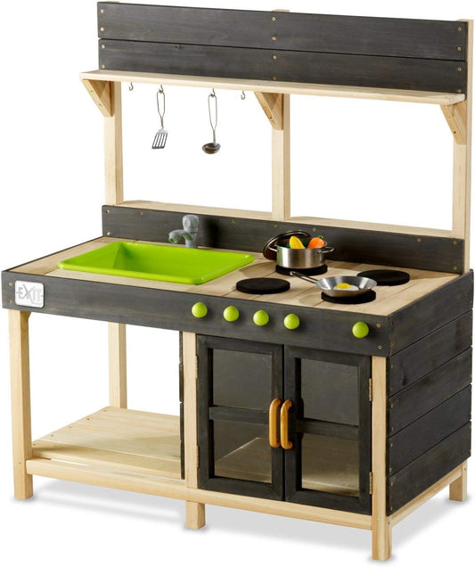 Cocinita de barro EXIT Yummy de madera sostenible para juego simbólico al aire libre con fregadero y accesorios.