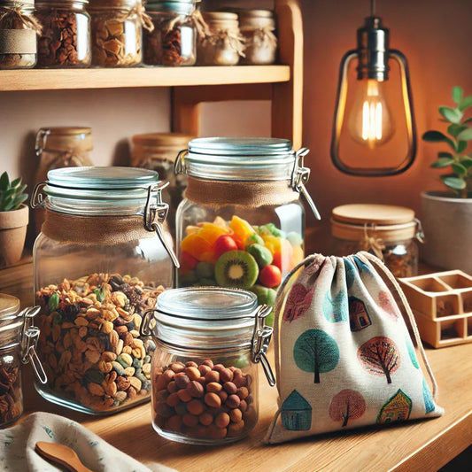 Frascos de vidrio y bolsa reutilizable para almacenamiento ecológico en cocina familiar sostenible