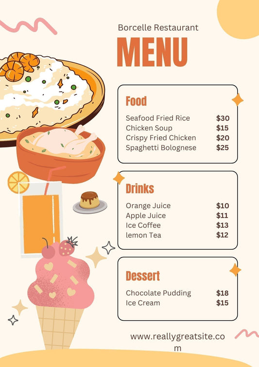 menú ilustrativo de restaurante con precios de comida, bebidas y postres para juegos con cocinitas educativas