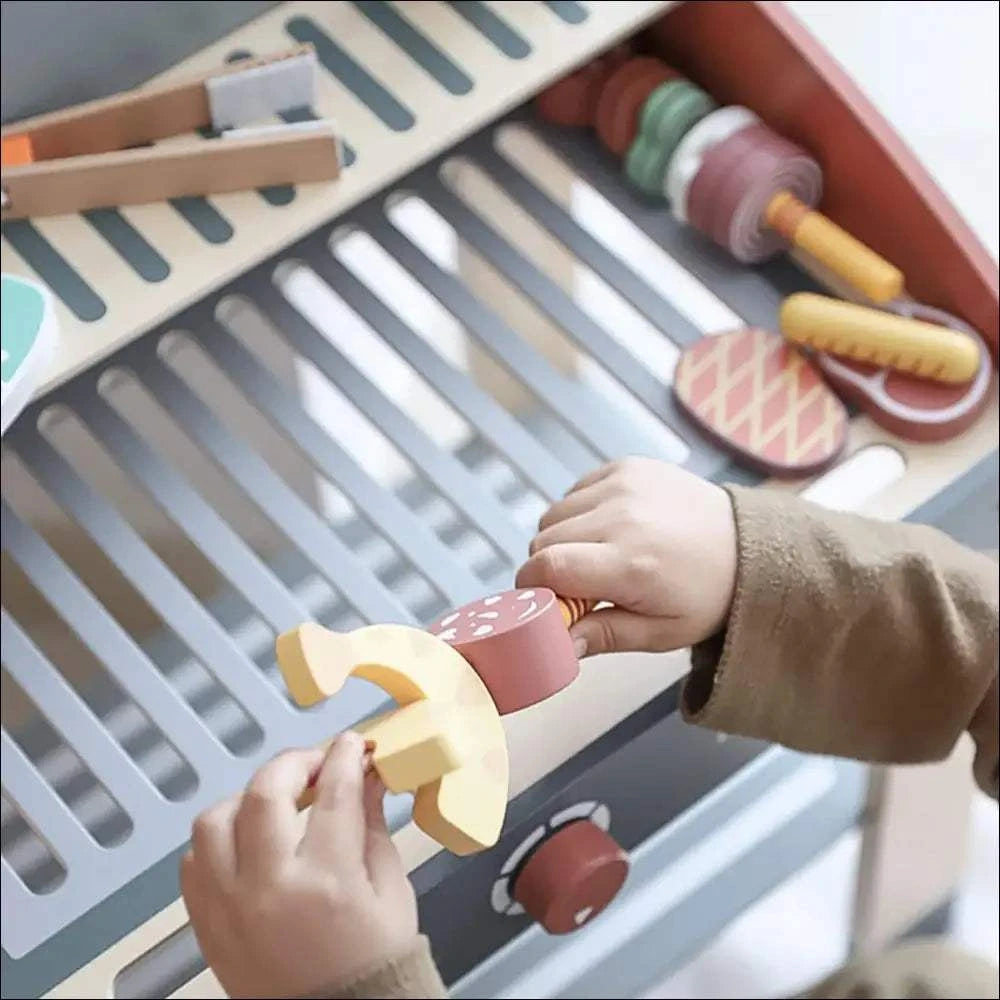 Barbacoa de juguete Cocinita-Barbacoa Babycue con utensilios y alimentos de madera