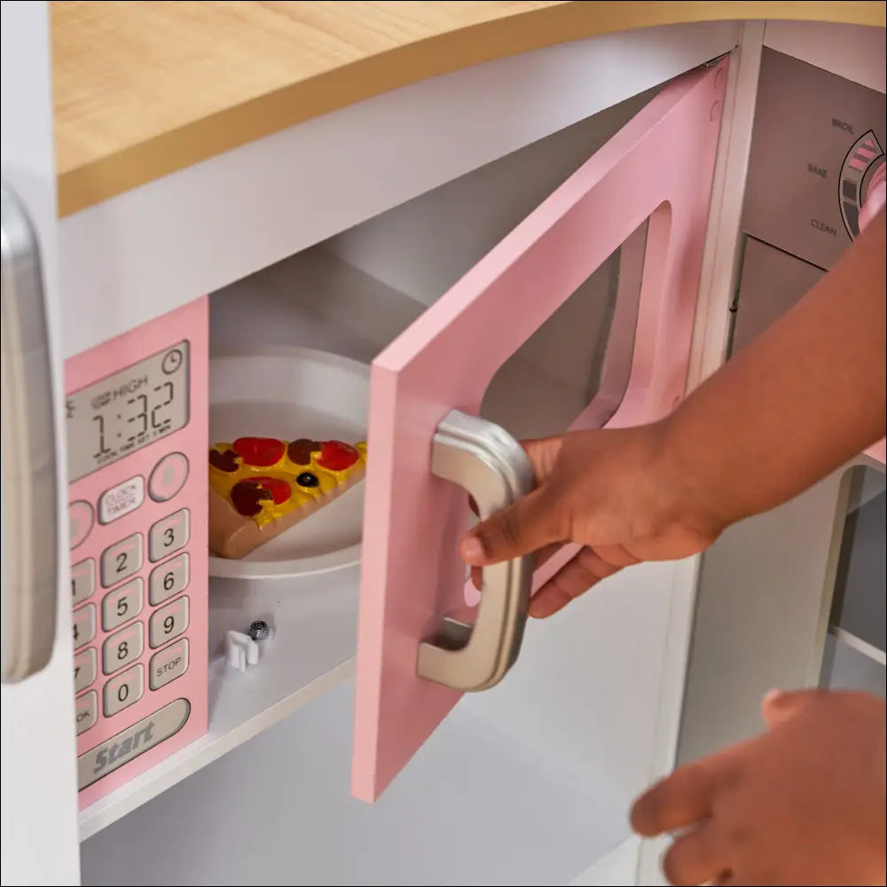 Microondas de juguete rosa Cocinita Grande Gourmet con pizza dentro, diversión culinaria