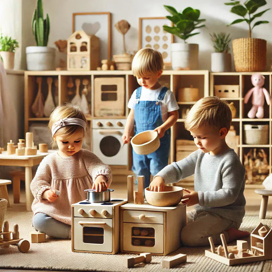 niños jugando con juguetes de madera en un entorno acogedor y moderno. La fotografía captura la esencia de un espacio educativo, sostenible y atractivo para padres interesados en el desarrollo infantil.