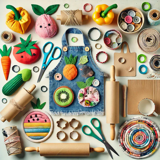 DALL·E 2025-02-14 18.36.36 - A colorful and creative scene showcasing various kitchen accessories made from recycled materials. The image includes a small child's apron made from 