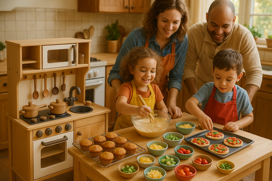 Una foto de una cocinita con niños amasando o decorando mini pizzas o cupcakes. Fondo neutro, luz natural, estética Montessori.