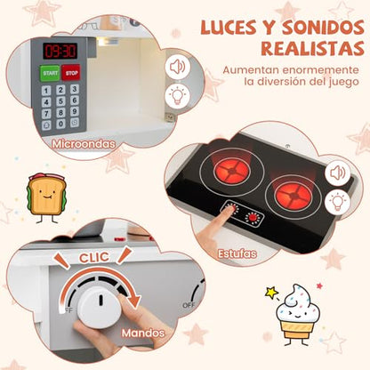 Cocinita Infantil con Máquina de Café, Microondas, Horno, Lavadora y Accesorios 