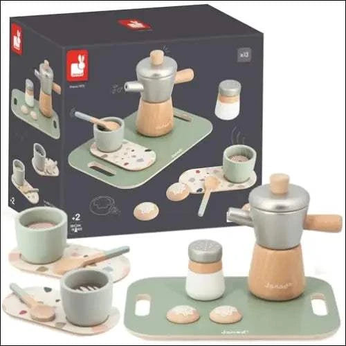Cafetera italiana de juguete: set de café de madera con accesorios para niños