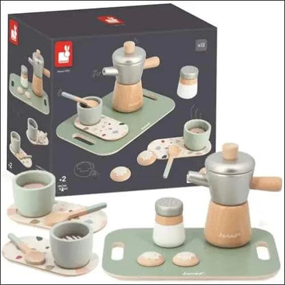 Cafetera italiana de juguete: set de café de madera con accesorios para niños