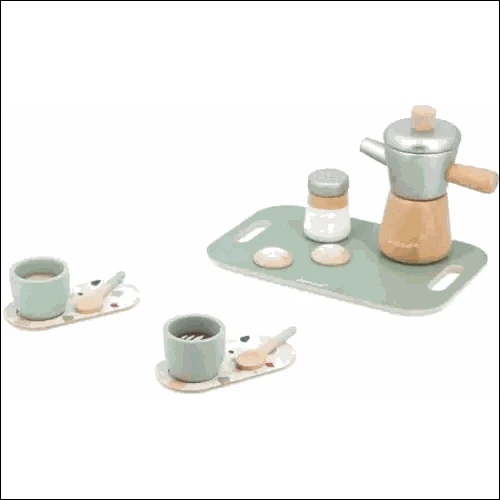 Juguete de cafetera italiana de madera con componentes pastel, ideal para la imaginación infantil