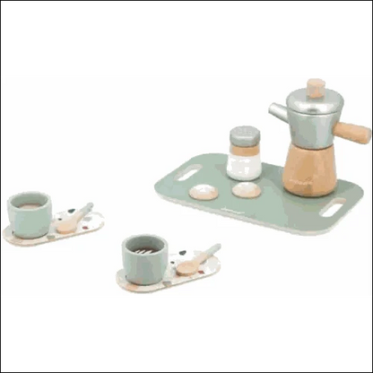 Juguete de cafetera italiana de madera con componentes pastel, ideal para la imaginación infantil