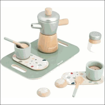 Cafetera italiana de juguete con accesorios en bandeja verde menta
