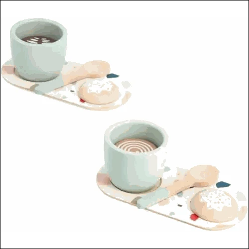 Juego de té de madera con tazas verde menta y accesorios color pastel de cafetera italiana