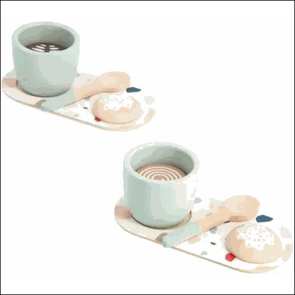 Juego de té de madera con tazas verde menta y accesorios color pastel de cafetera italiana