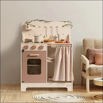 Cocina de Pueblo Tradicional con puerta de horno rosa y cortina de cuadros en un set incluye