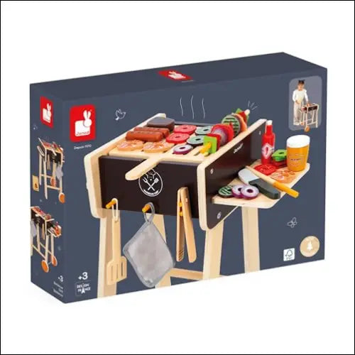 Cocinita-Barbacoa de madera con utensilios y comida para divertidos juegos infantiles