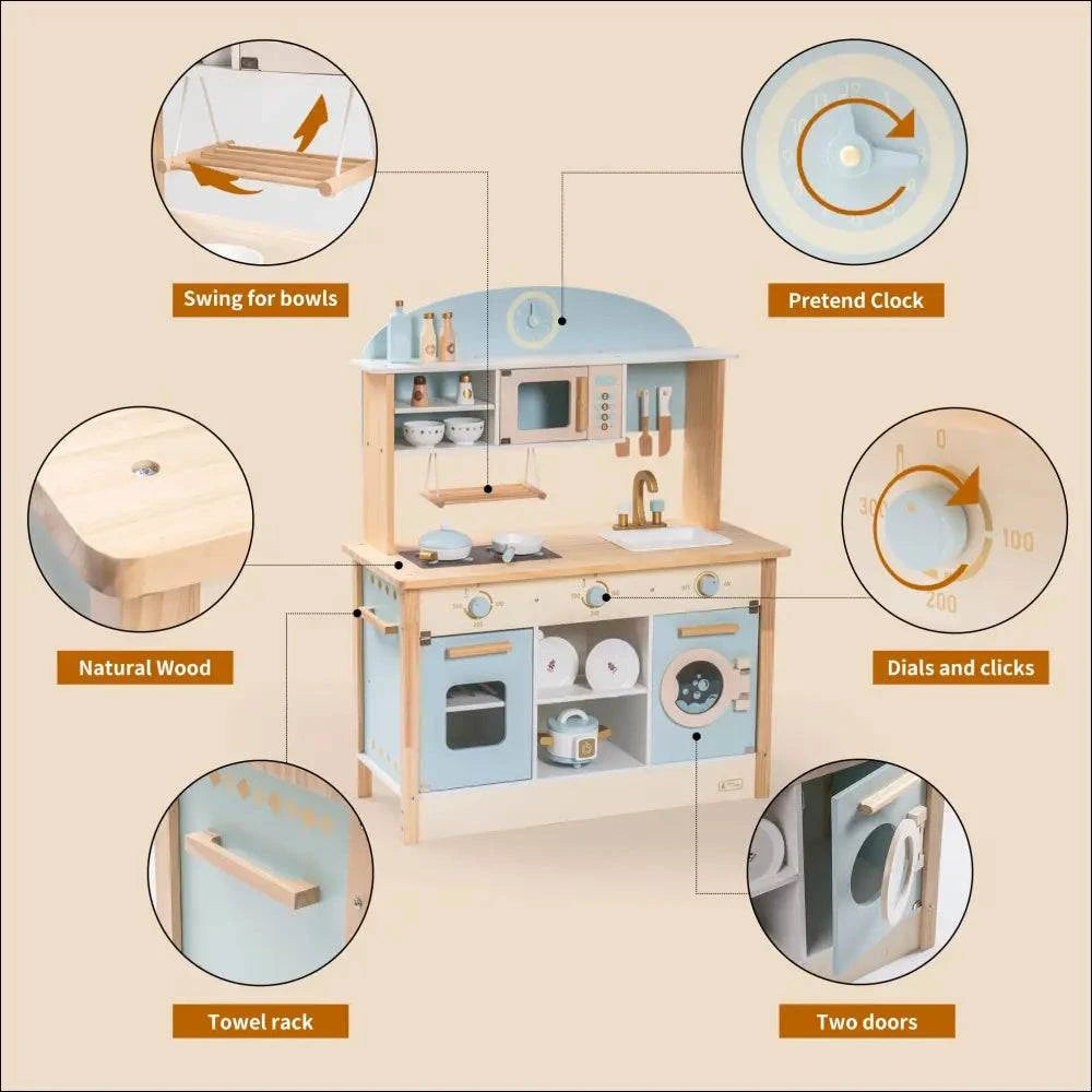 Cocinita de madera Chef Menta, cocina de madera con acentos azul claro y múltiples funciones interactivas
