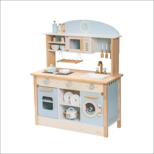 Cocinita de madera Chef Menta vista desde cuatro ángulos, ideal para pequeños chefs creativos