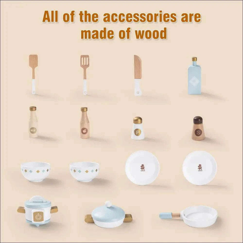 Cocinita de madera Chef Menta vista desde cuatro ángulos, ideal para pequeños chefs creativos