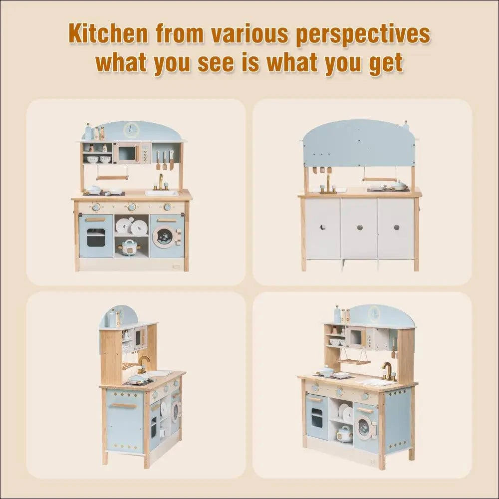 Cocinita de madera Chef Menta vista desde cuatro ángulos, ideal para pequeños chefs creativos