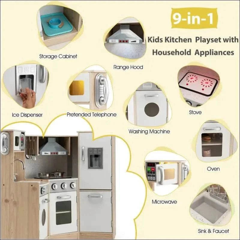 Cocinita de Esquina HOMASIS con juguetes de madera para niños y electrodomésticos miniatura