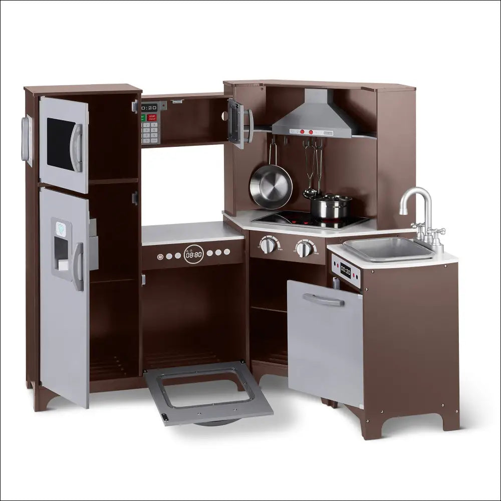 Cocinita Esquinada de Amazon Basics con puertas interactivas y gabinetes de madera