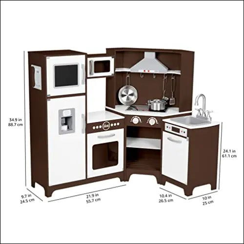 Cocinita Esquinada de Amazon Basics en tonos marrón y blanco con puertas interactivas
