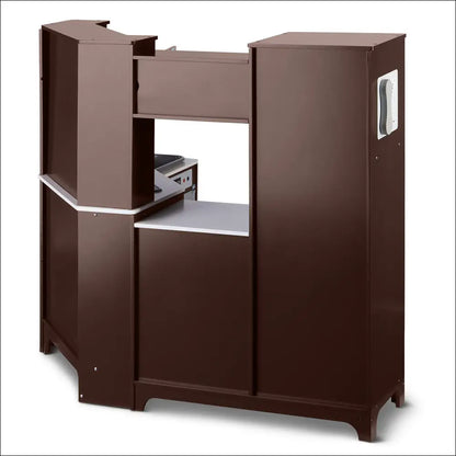 Cubículo modular marrón oscuro de Amazon Basics con espacio de escritorio y puertas interactivas