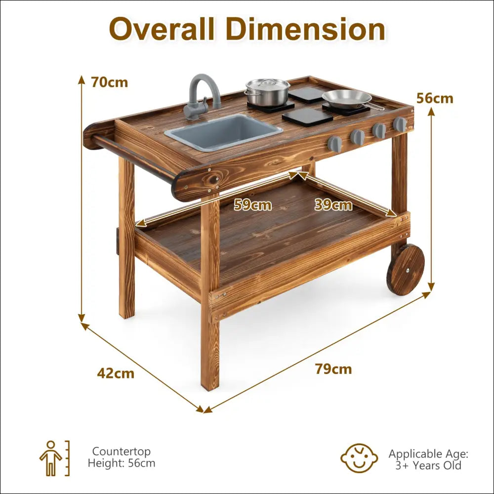 Carrito de madera con ruedas Cocinita Exterior HOMASIS, incluye fregadero y cocina