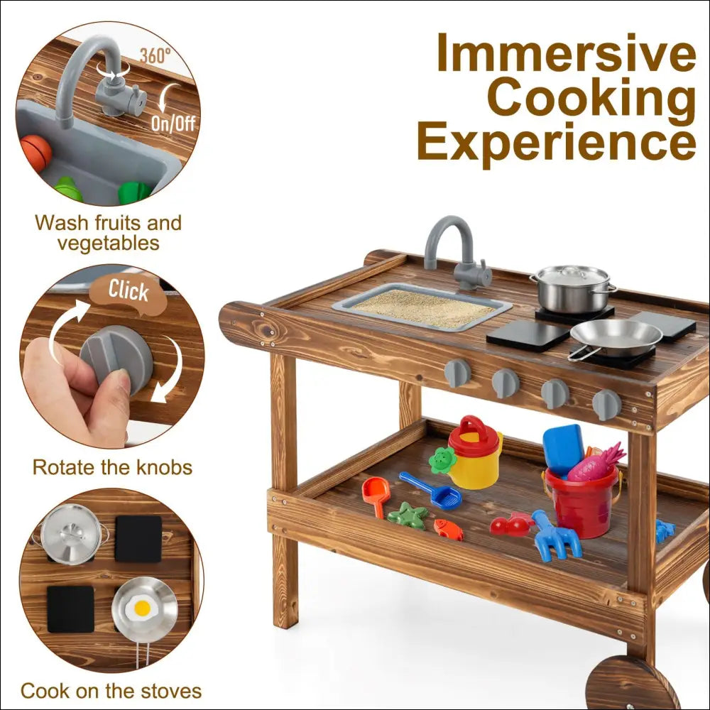 Cocinita Exterior HOMASIS: Carrito de madera con ruedas y características interactivas