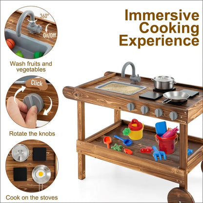 Cocinita Exterior HOMASIS: Carrito de madera con ruedas y características interactivas