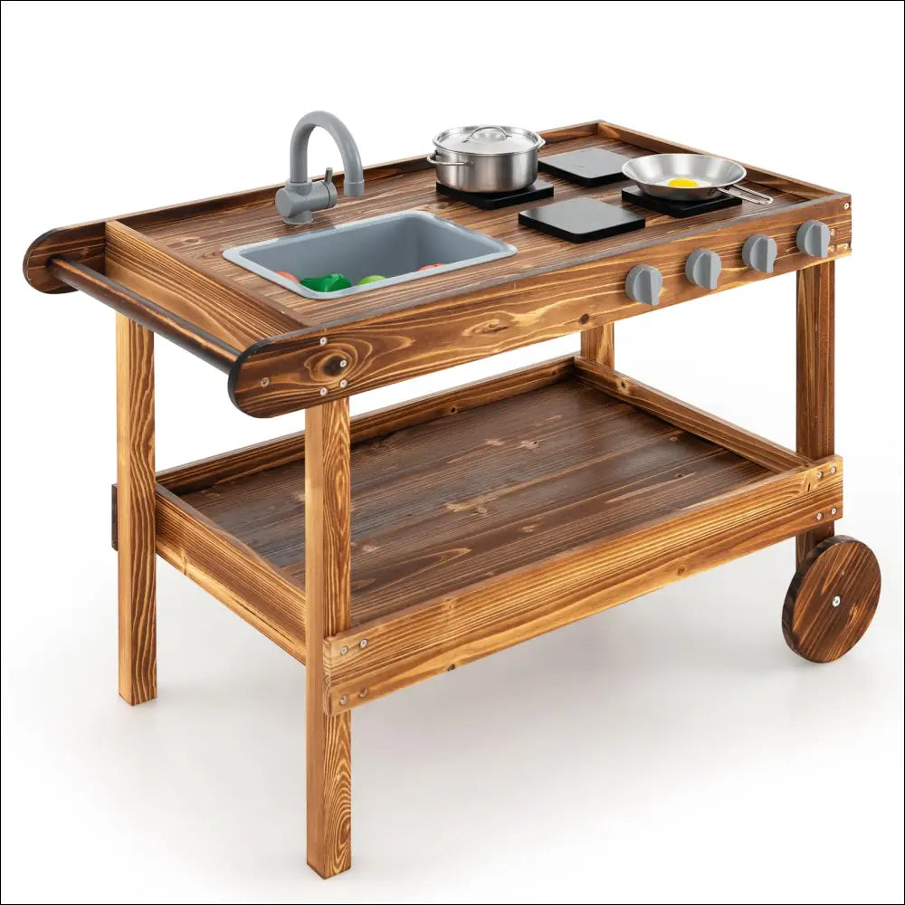 Cocinita Exterior HOMASIS: carrito de madera con ruedas y accesorios de cocina