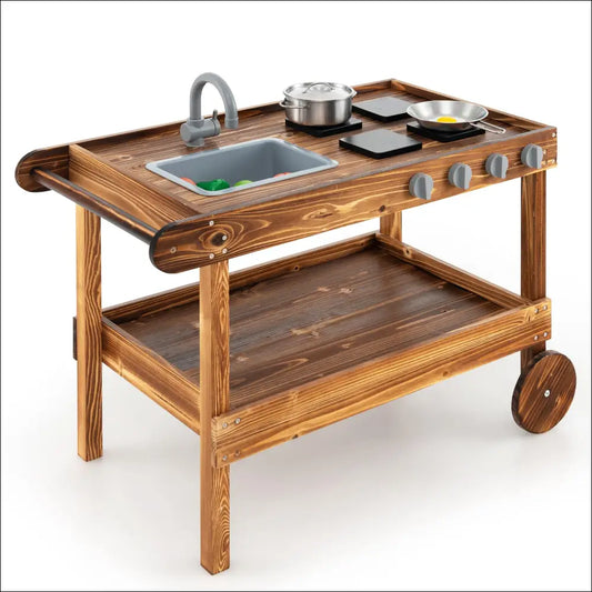 Cocinita Exterior HOMASIS: carrito de madera con ruedas y accesorios de cocina