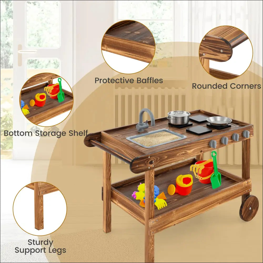 Cocinita exterior HOMASIS: carrito de madera con ruedas y accesorios de cocina