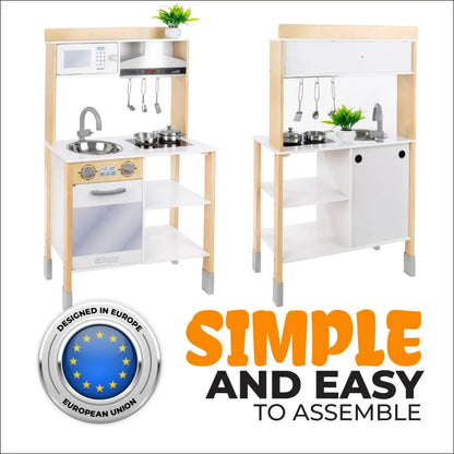 Cocinita Green Series con set de cocina de madera y electrodomésticos blancos