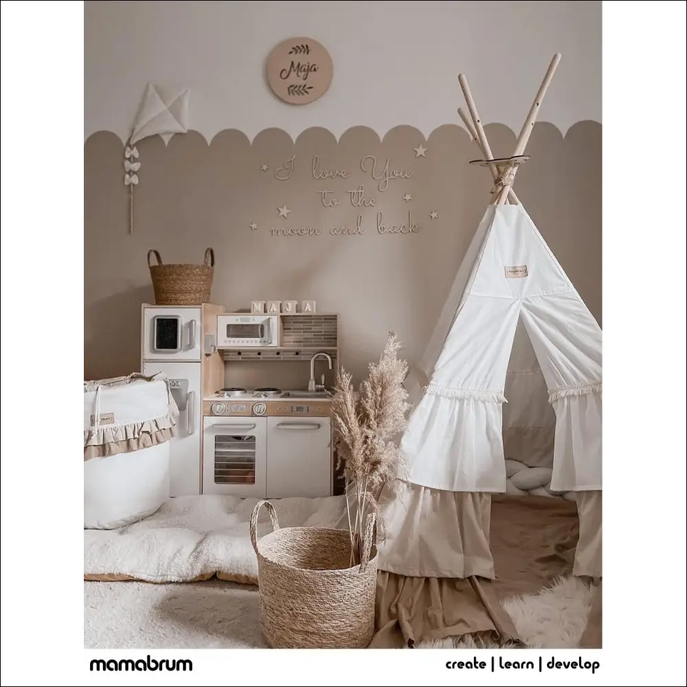 Tienda de campaña tipo teepee blanca con tela arrugada, ideal para Cocinita Mamabrum con Luz LED