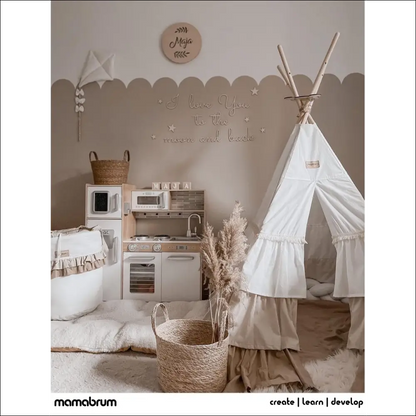Tienda de campaña tipo teepee blanca con tela arrugada, ideal para Cocinita Mamabrum con Luz LED