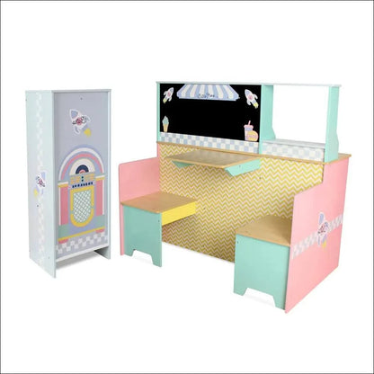 Cocinitas de madera coloridas, juguete de cocina para niños con refrigerador y área de counter