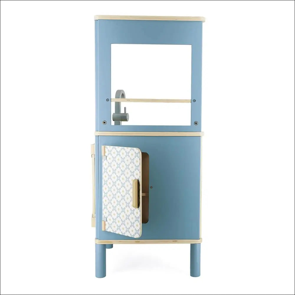 Gabinete azul y blanco con espejo, panel decorativo, Cocinita Trio Estilo Retro