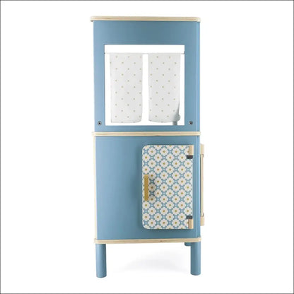 Armario azul y blanco con puerta decorada para la Cocinita Trio Estilo Retro