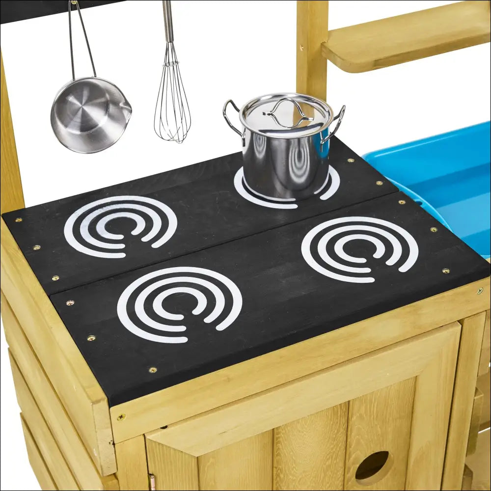 Cocinita exterior Chef Junior de madera con fogón simulado y accesorios de cocina