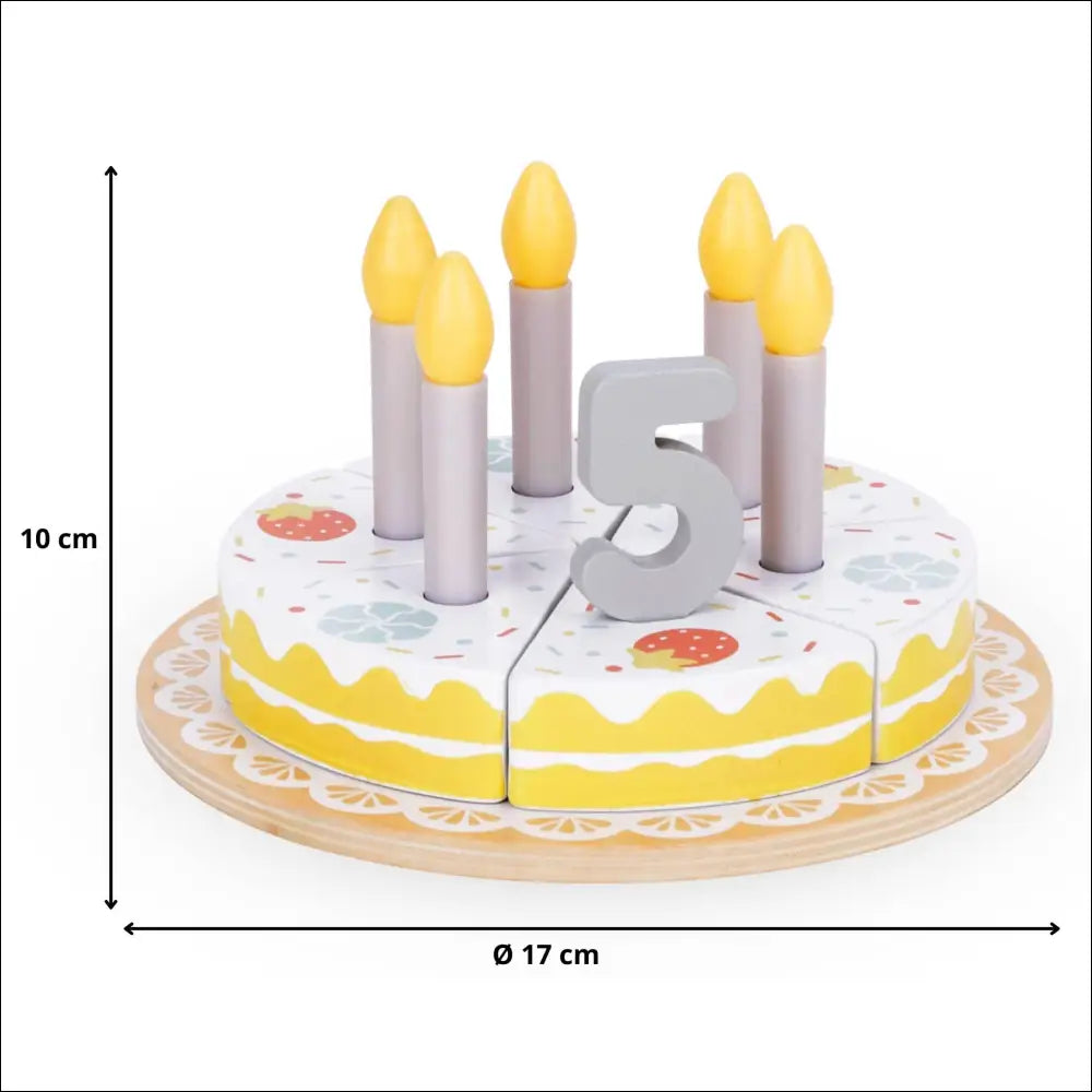 Tarta de cumpleaños de madera con velas y número 5 para cocinitas de madera