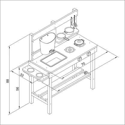 Diagrama esquemático de la Cocinita Exterior AXI Puck con dimensiones etiquetadas