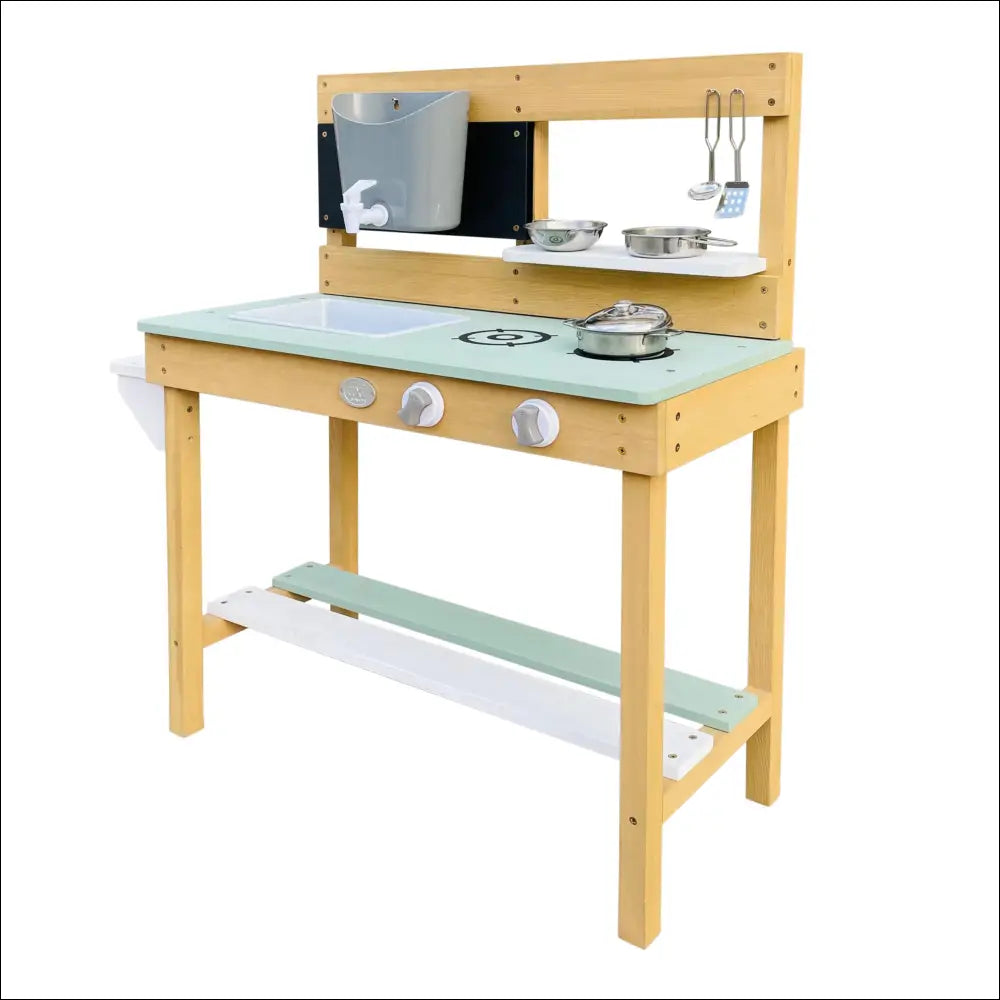 Cocinita exterior AXI Puck de madera con encimera verde menta y accesorios para aire libre