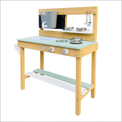 Cocinita exterior AXI Puck de madera con encimera verde menta y accesorios para aire libre