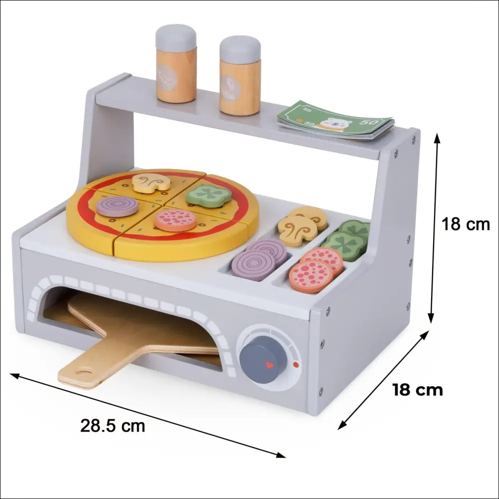 Juego de cocinitas de madera con horno pizzería, pizza y accesorios para niños