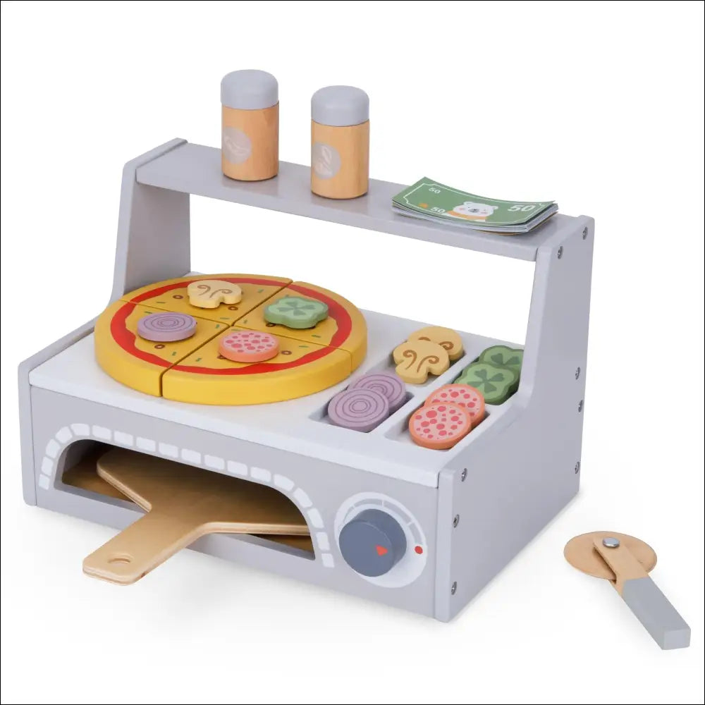 Set de horno pizzeria de madera para niños con pizza, ingredientes y utensilios