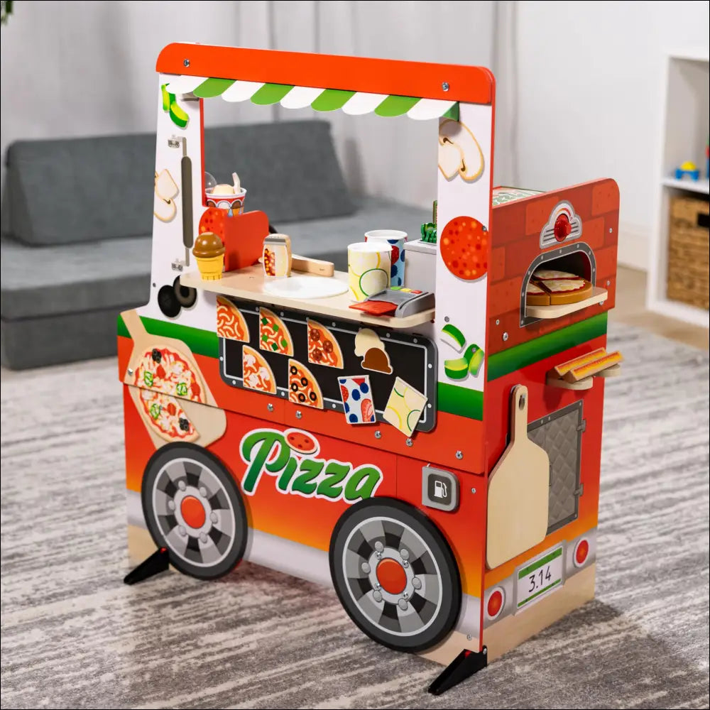 Colorido carrito de madera Pizzería Foodtruck de Melissa & Doug con accesorios de comida