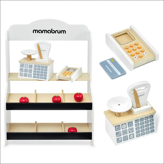 Stand de minimarket de madera con alimentos y registradora para juguetes de madera para niños