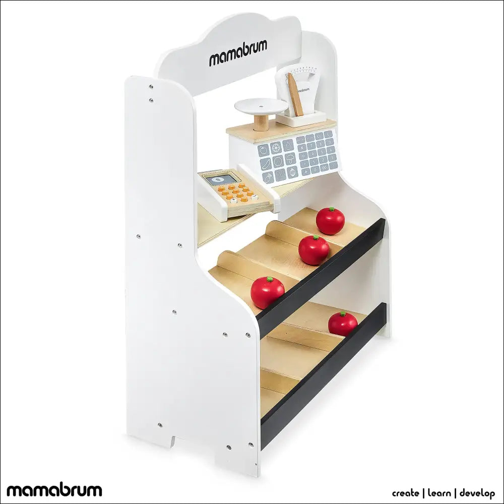 Minimarket de Madera con alimentos de juguete, calculadora y estantes para niños