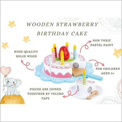 Pastel de Cumpleaños de Madera con Seis Rebanadas para Cocinitas de Madera - Juguete